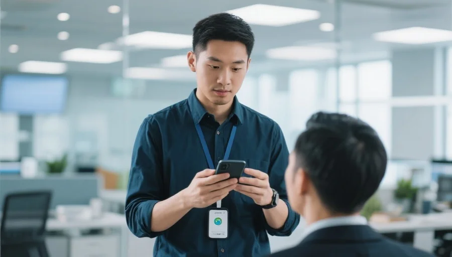 一名技术支持人员正在为用户解答手机应用安装问题，背景为现代办公室