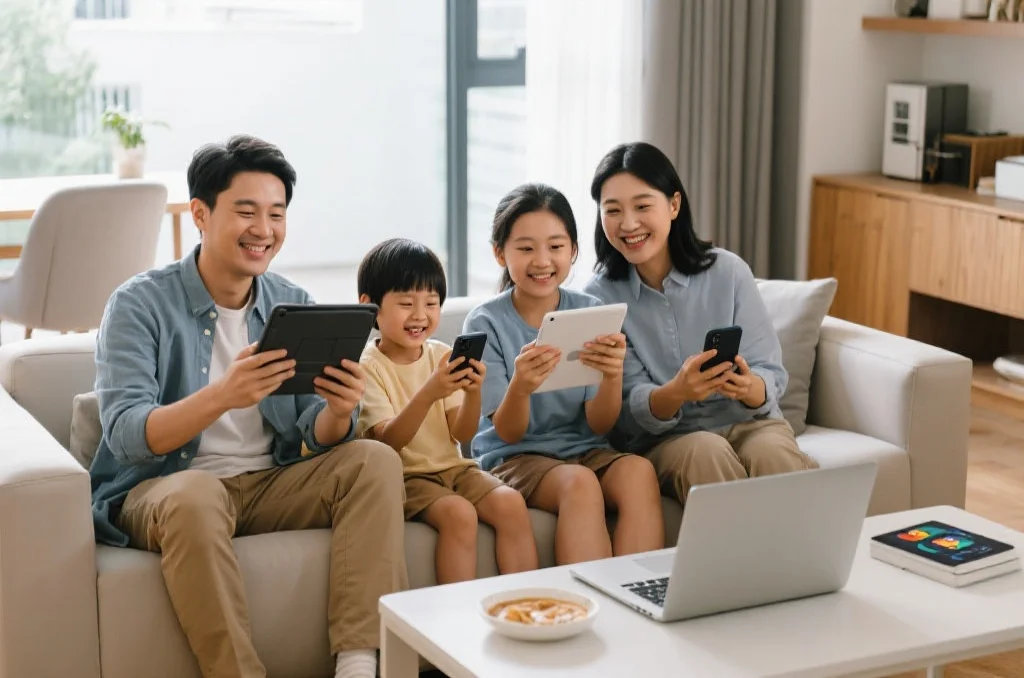 现代家庭客厅中，一家人围坐在沙发上，分别用平板、手机和笔记本电脑愉快地体验同一个娱乐平台